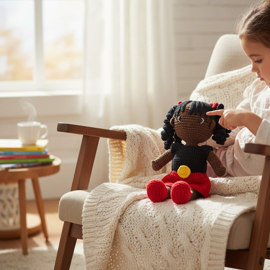 Suzie's Sunshine Dolls Alinta, a crochet doll with black curly hair, red bows, and a dress in Aboriginal flag colours: black, red, and yellow.