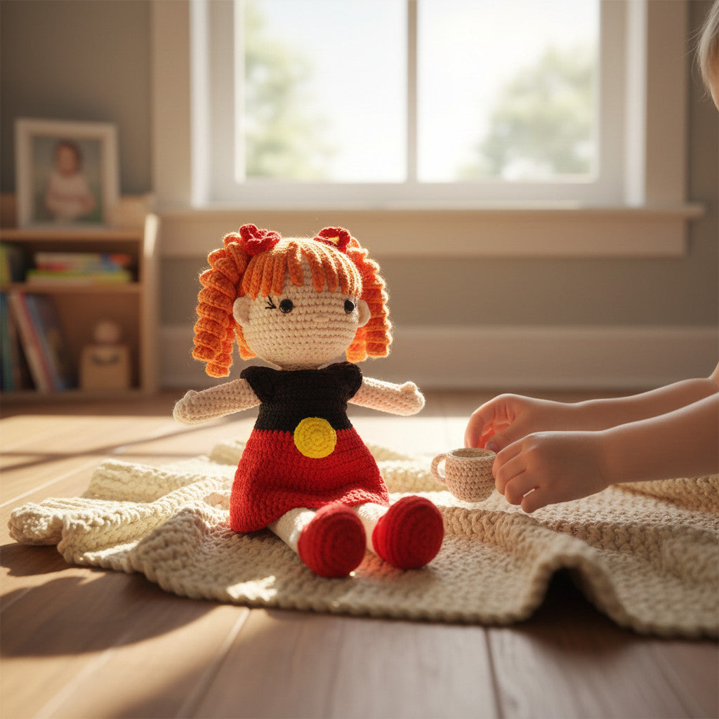 Suzie's Sunshine Dolls Alinta, a crochet doll with orange curly hair, wearing a dress in Aboriginal flag colours: black, red, and yellow.