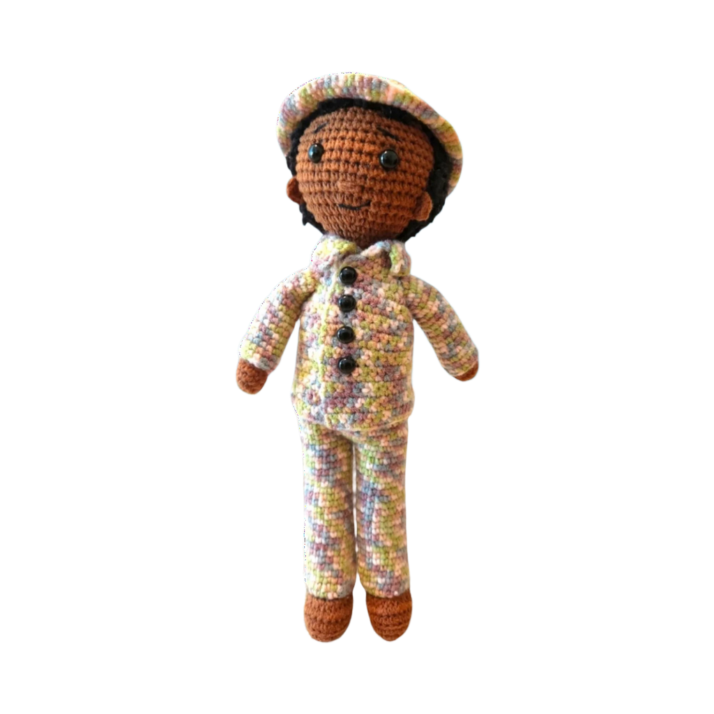 Suzie's Sunshine Dolls Army doll with hand-crocheted multicolour camouflage uniform and hat.