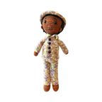 Suzie's Sunshine Dolls Army doll with hand-crocheted multicolour camouflage uniform and hat.