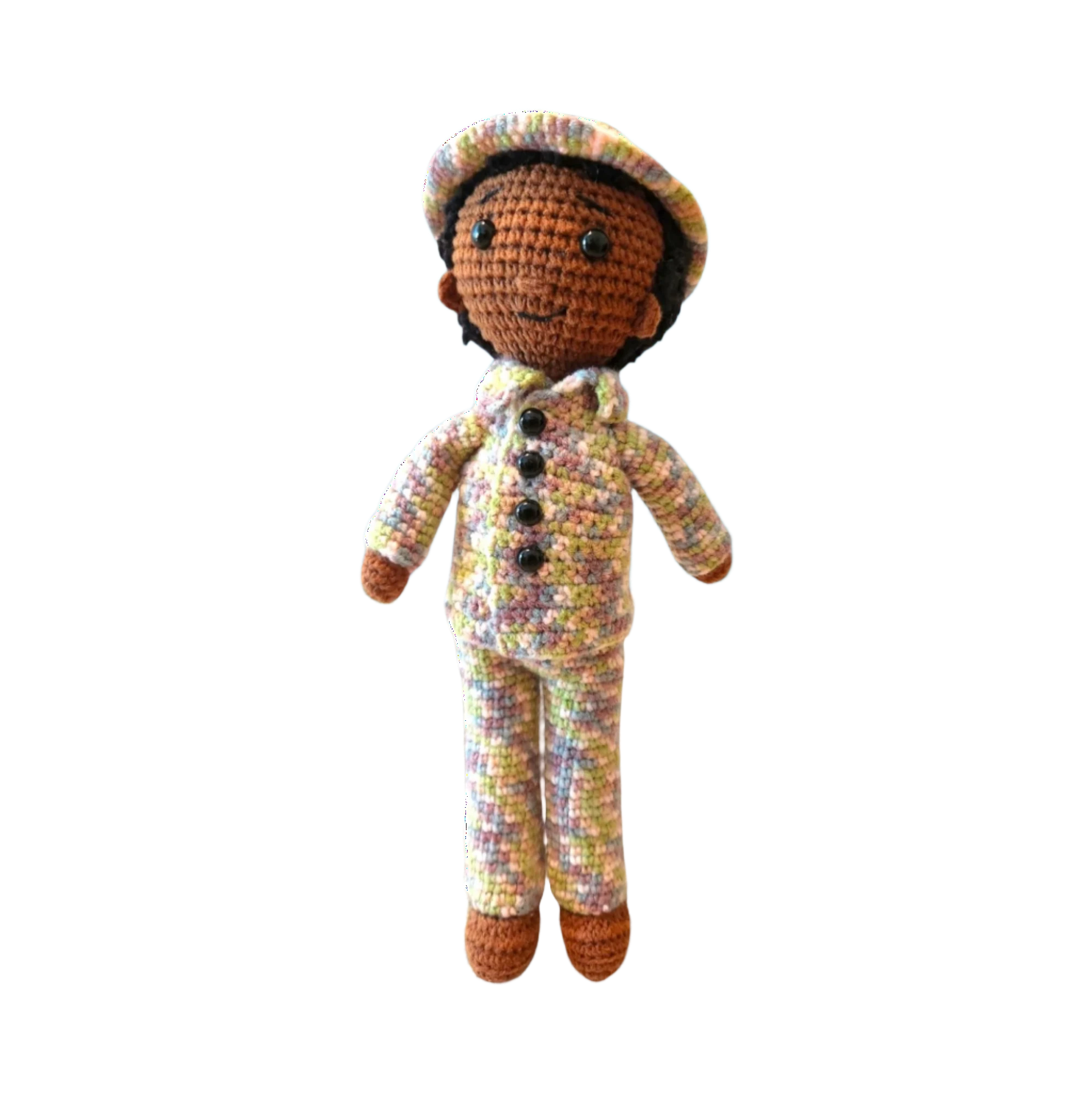 Suzie's Sunshine Dolls Army doll with hand-crocheted multicolour camouflage uniform and hat.