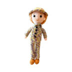 Suzie's Sunshine Dolls Army doll in a multicolour crocheted camouflage uniform and hat, with orange shoes.