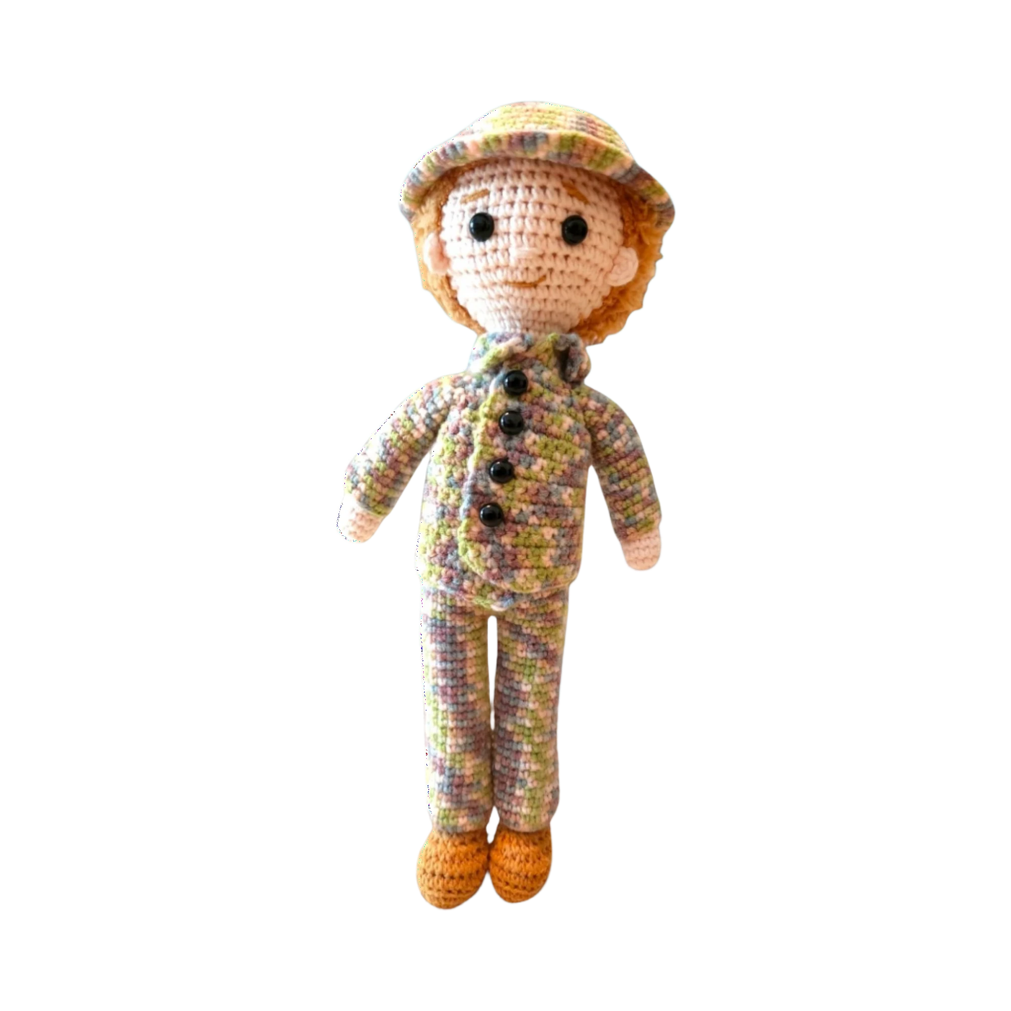 Suzie's Sunshine Dolls Army doll in a multicolour crocheted camouflage uniform and hat, with orange shoes.