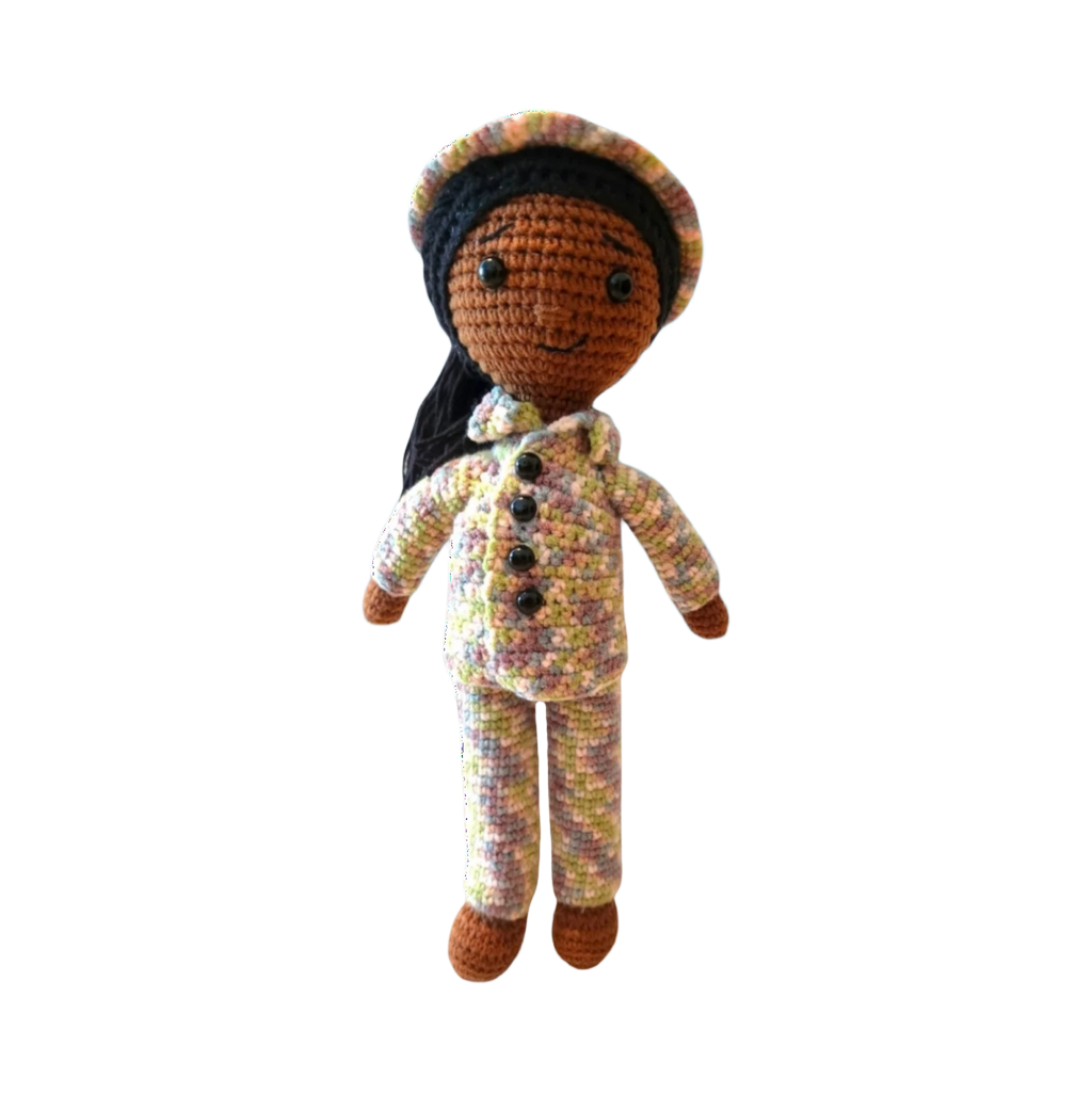Suzie's Sunshine Dolls Army doll in a multicolour crocheted camouflage uniform and hat. Approx. 28-30cm tall.