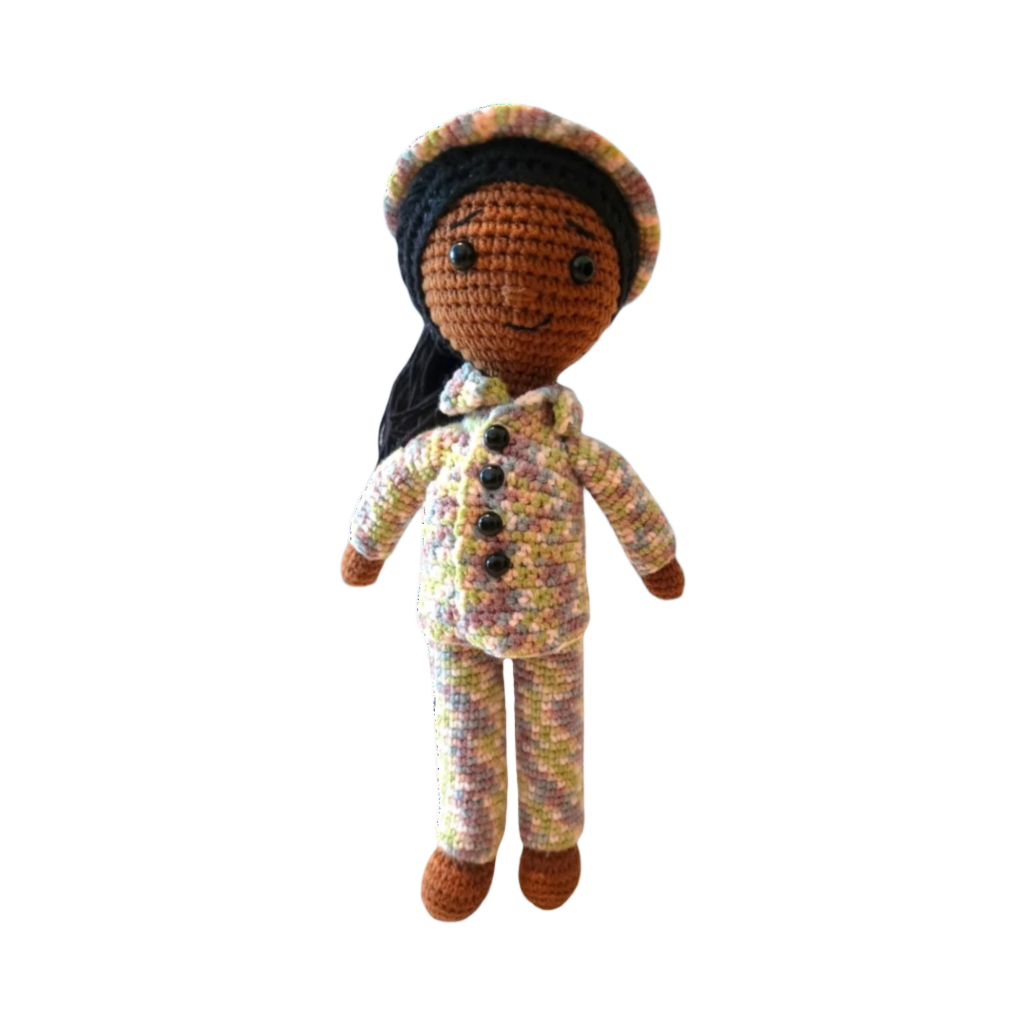 Suzie's Sunshine Dolls Army doll in a multicolour crocheted camouflage uniform and hat. Approx. 28-30cm tall.