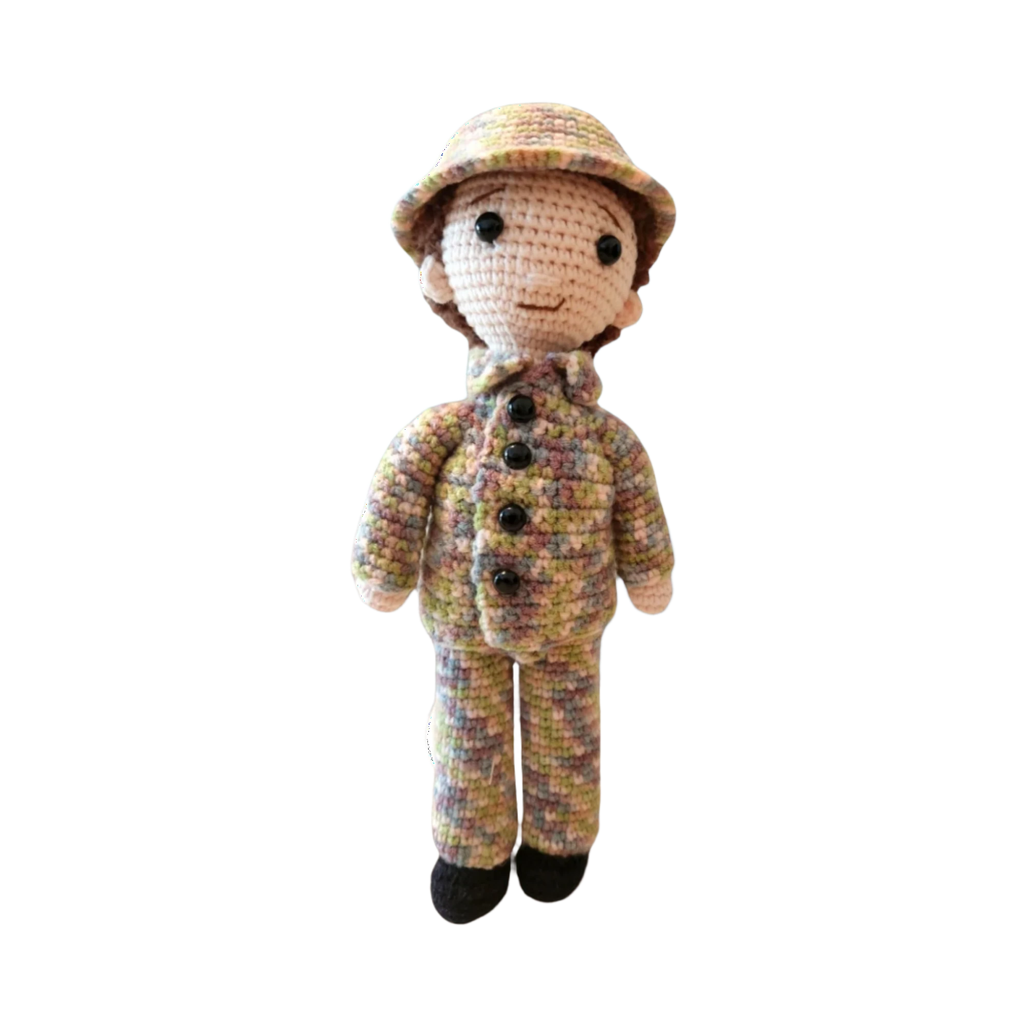 Suzie's Sunshine Dolls Army doll in a multicolour crocheted camouflage uniform and hat. Approx. 28-30cm tall.