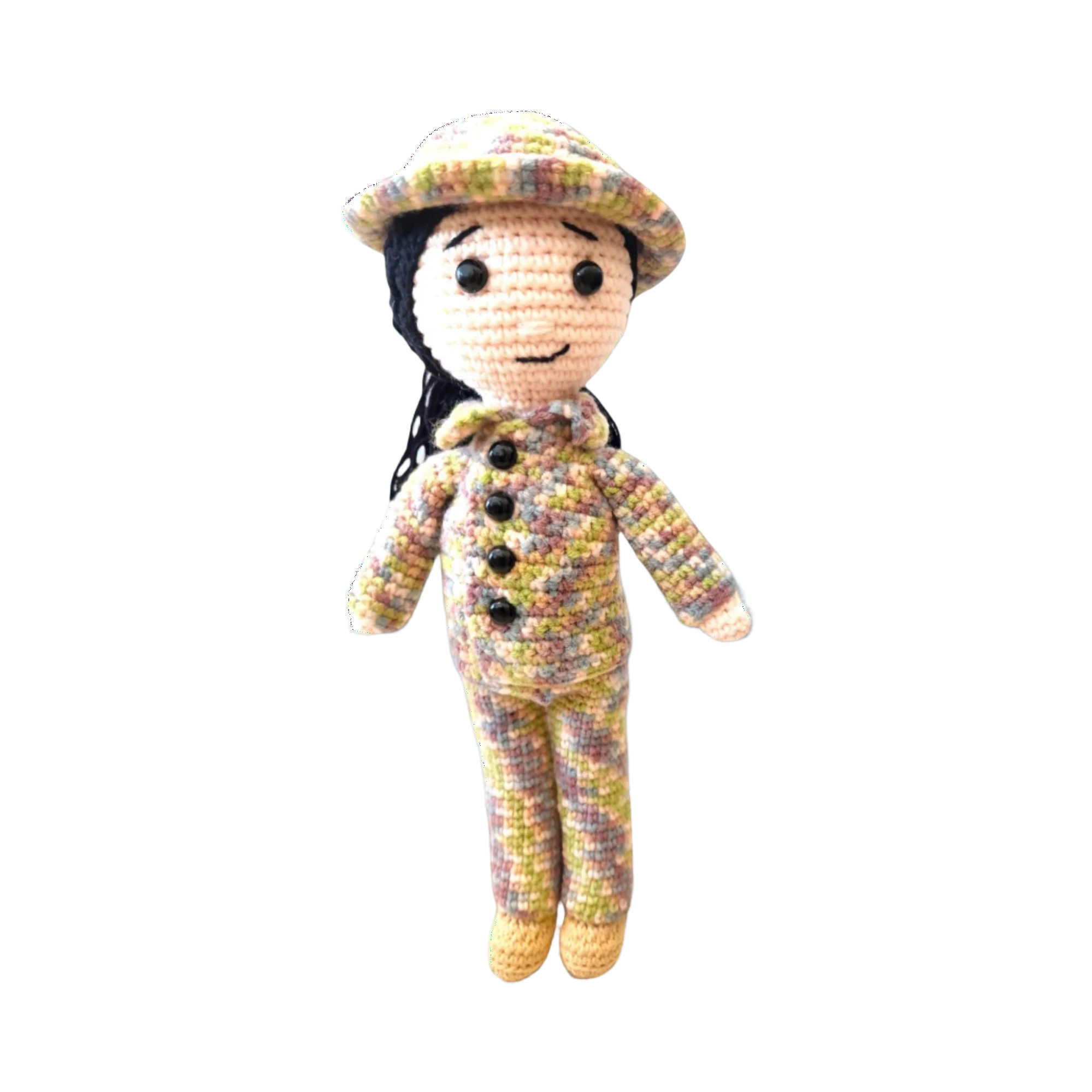 Suzie's Sunshine Dolls Army doll in a multicolour crocheted camouflage uniform and hat. Approx. 28-30cm tall.