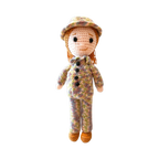 Suzie's Sunshine Dolls Army doll in a crocheted multicolour camouflage uniform and hat. Approx. 28-30cm tall.