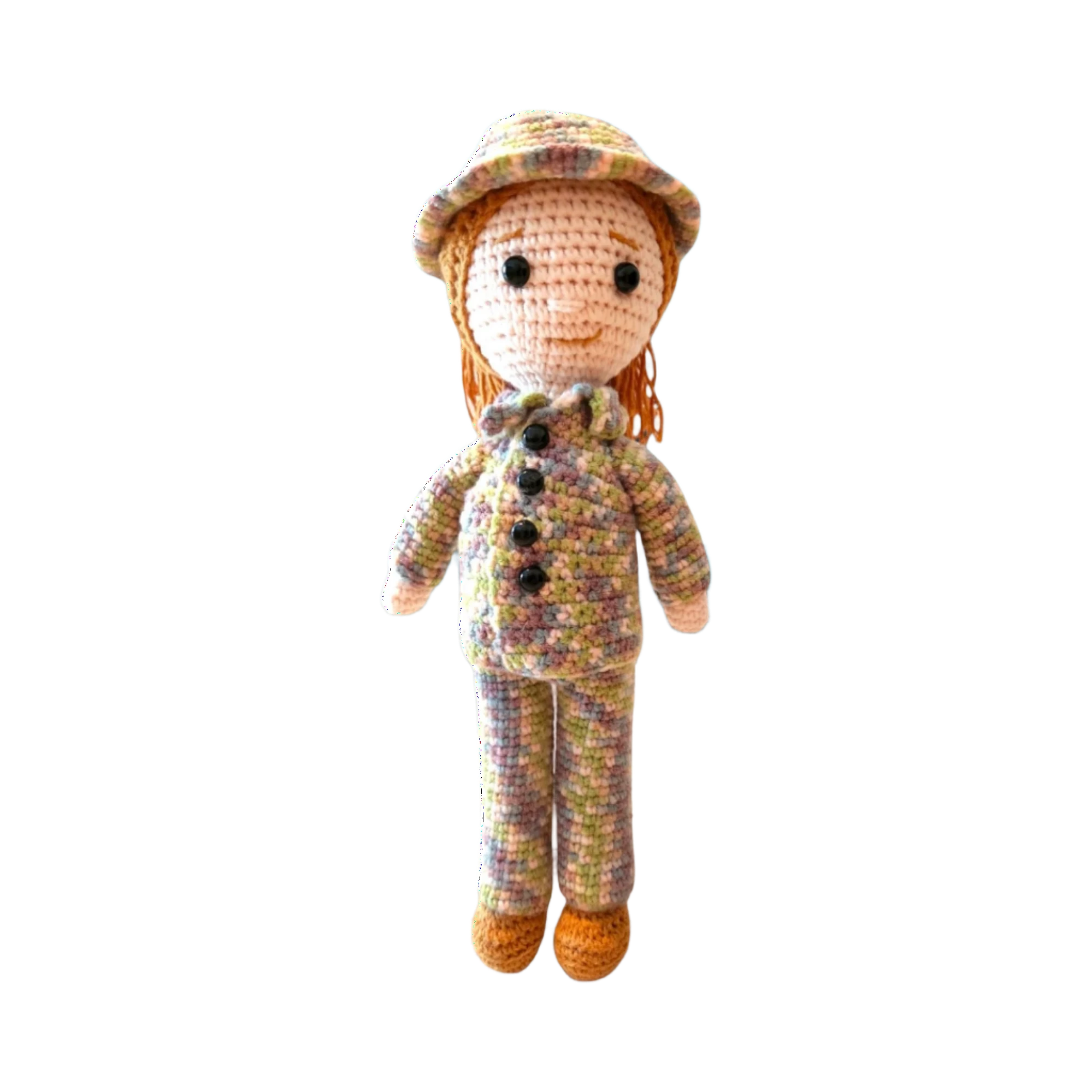 Suzie's Sunshine Dolls Army doll in a crocheted multicolour camouflage uniform and hat. Approx. 28-30cm tall.