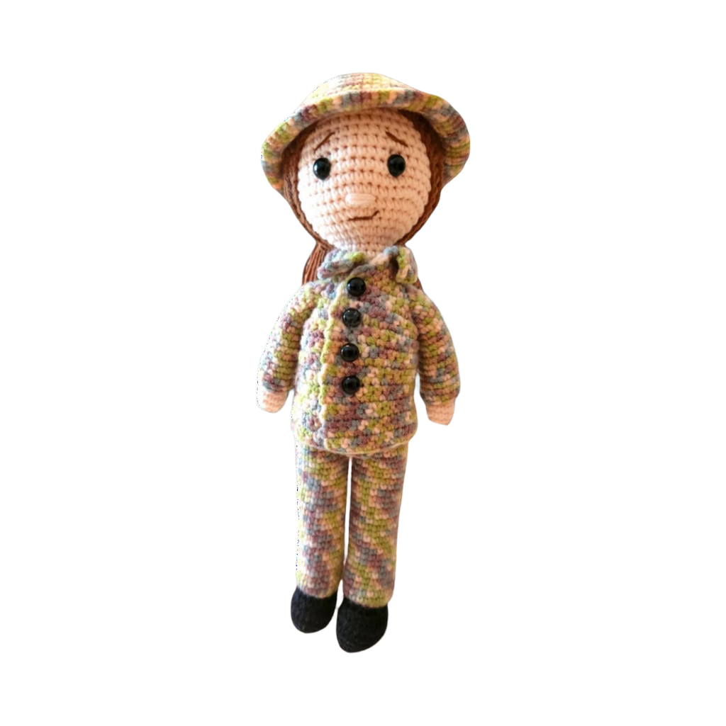 Suzie's Sunshine Dolls Army doll in a crocheted multicolour camouflage uniform and hat. Approx. 28-30cm tall.