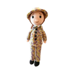 Suzie's Sunshine Dolls Army doll in a crocheted multicolour camouflage uniform and hat. Approx. 28-30cm tall.
