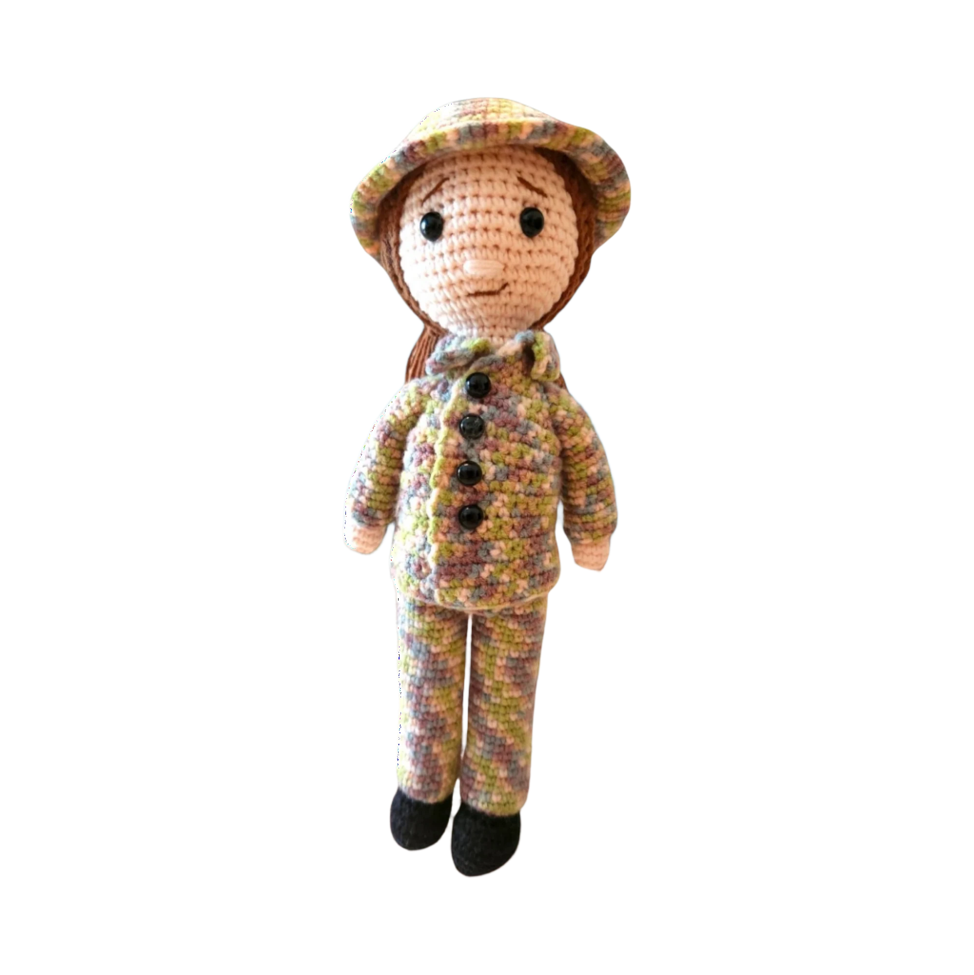 Suzie's Sunshine Dolls Army doll in a crocheted multicolour camouflage uniform and hat. Approx. 28-30cm tall.