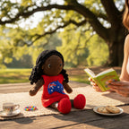 Suzie's Sunshine Dolls Mia, a crocheted doll with long black hair, wearing a red dress with the Australian flag and map appliqué.