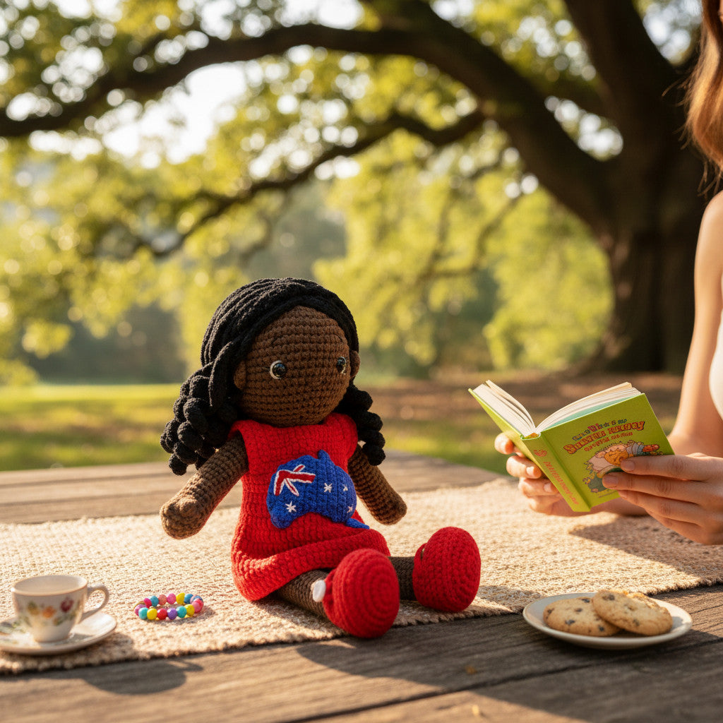 Suzie's Sunshine Dolls Mia, a crocheted doll with long black hair, wearing a red dress with the Australian flag and map appliqué.
