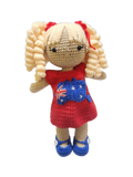 Suzie's Sunshine Dolls Mia, a crocheted doll with long blonde curly hair, wearing a red dress with the Australian flag and map appliqué, and blue shoes.