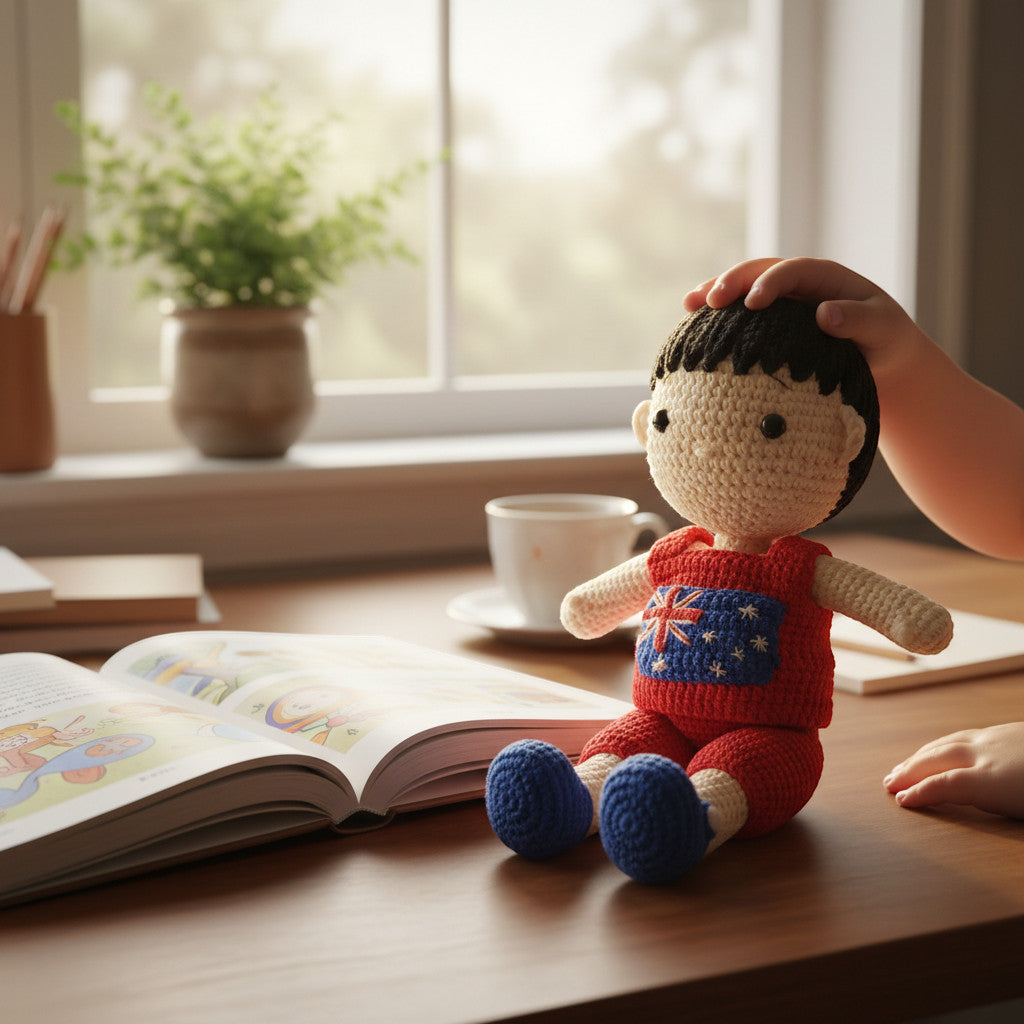 Suzie's Sunshine Dolls Jack, a crocheted doll with short black hair, wearing a red outfit with the Australian flag on the chest and blue shoes.