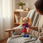Suzie's Sunshine Dolls Mia, a crocheted doll with long blonde curly hair, wearing a red dress with the Australian flag and map appliqué, and blue shoes.