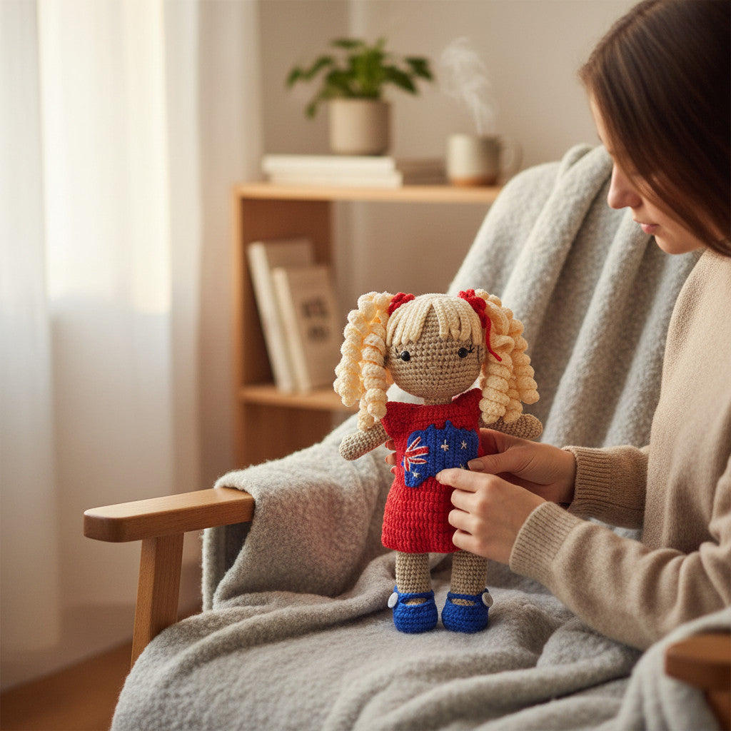 Suzie's Sunshine Dolls Mia, a crocheted doll with long blonde curly hair, wearing a red dress with the Australian flag and map appliqué, and blue shoes.
