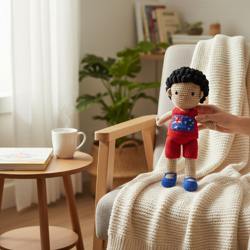Suzie's Sunshine Dolls Jack, a crocheted doll with short black hair, wearing a red outfit with the Australian flag on the chest and blue shoes.
