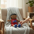 Suzie's Sunshine Dolls Jack, a crocheted doll with short black hair, wearing a red outfit with the Australian flag on the chest and blue shoes.