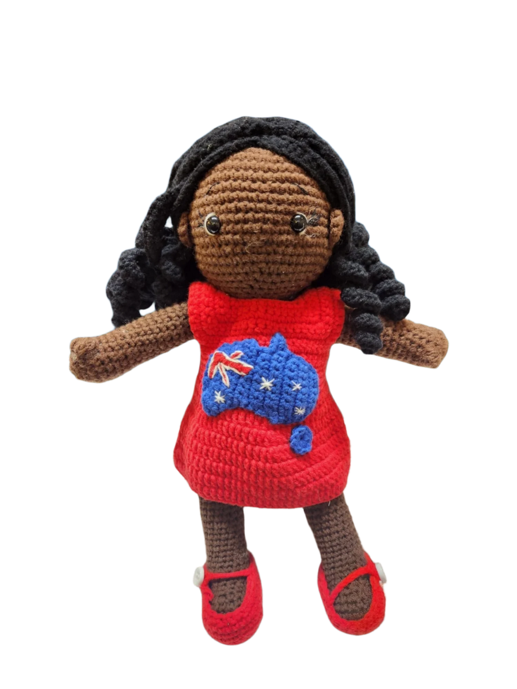 Suzie's Sunshine Dolls Mia, a crocheted doll with long black hair, wearing a red dress with the Australian flag and map appliqué.