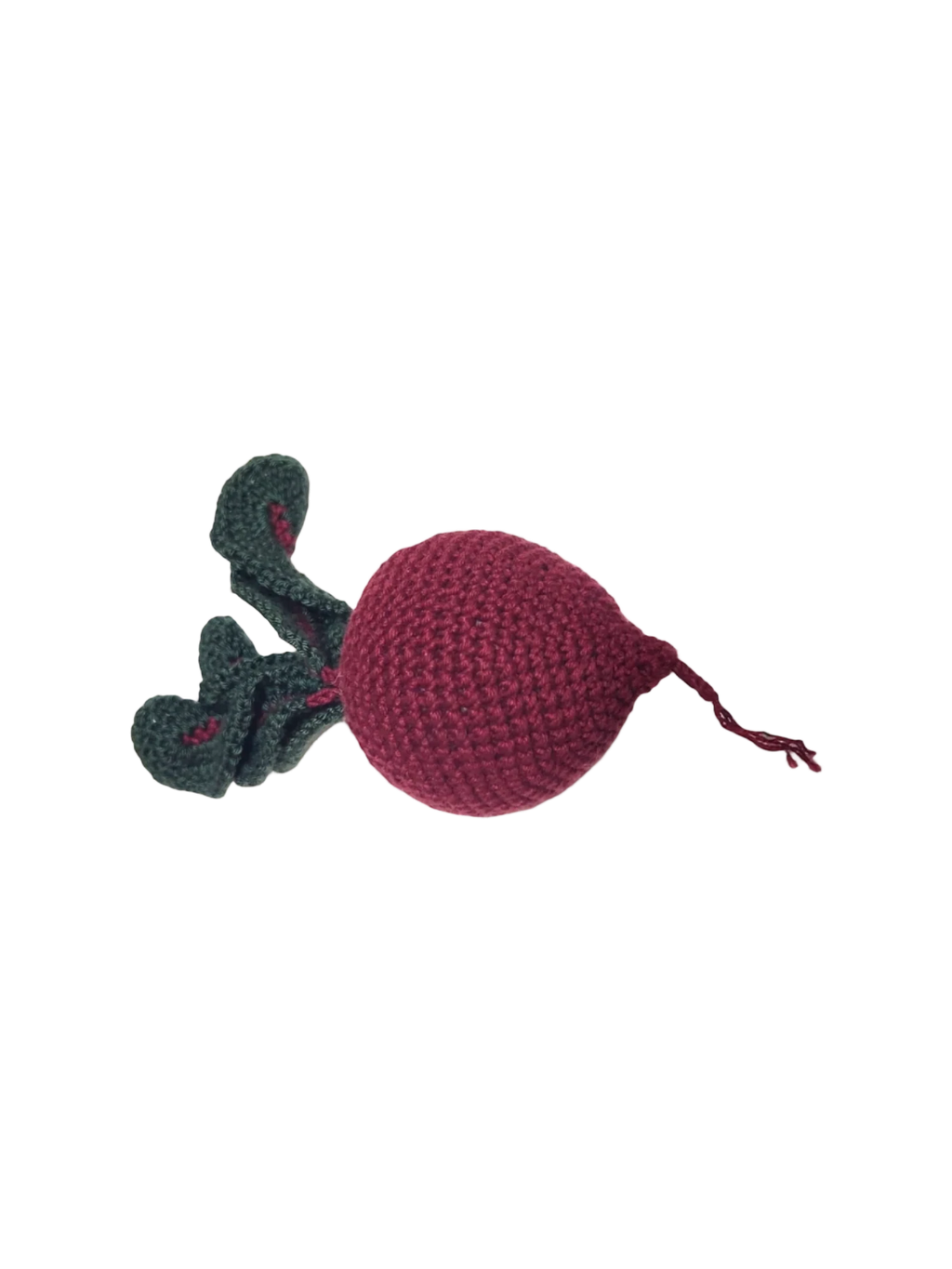 Suzie's Sunshine Dolls hand-crocheted beetroot toy with green leaves and a small tail, made from cotton yarn.