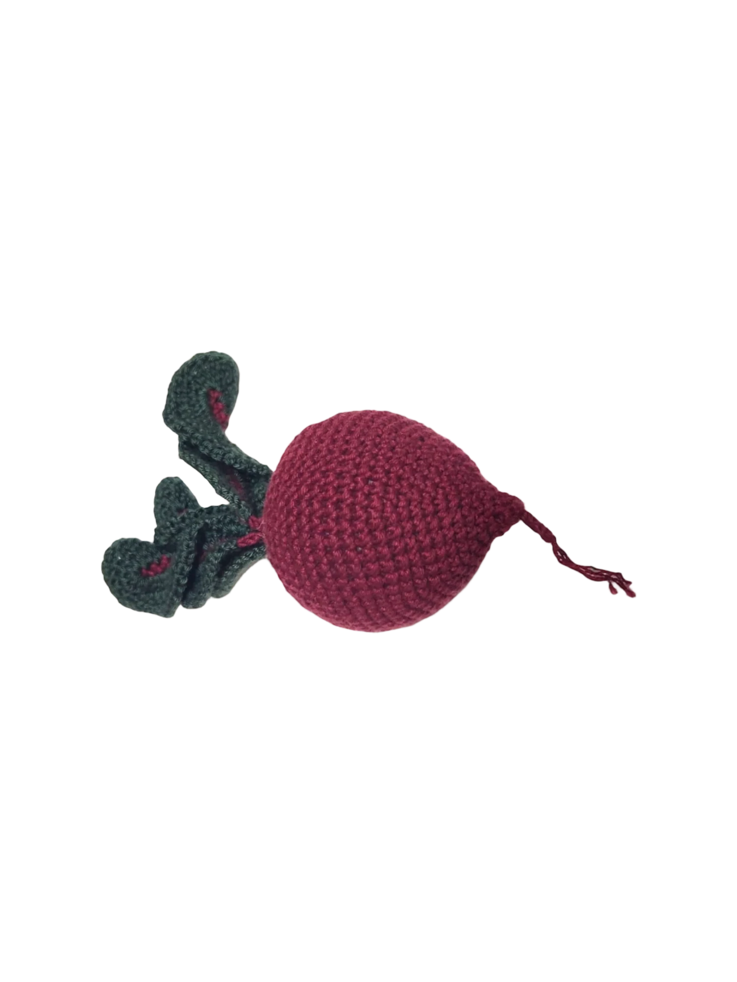 Suzie's Sunshine Dolls hand-crocheted beetroot toy with green leaves and a small tail, made from cotton yarn.