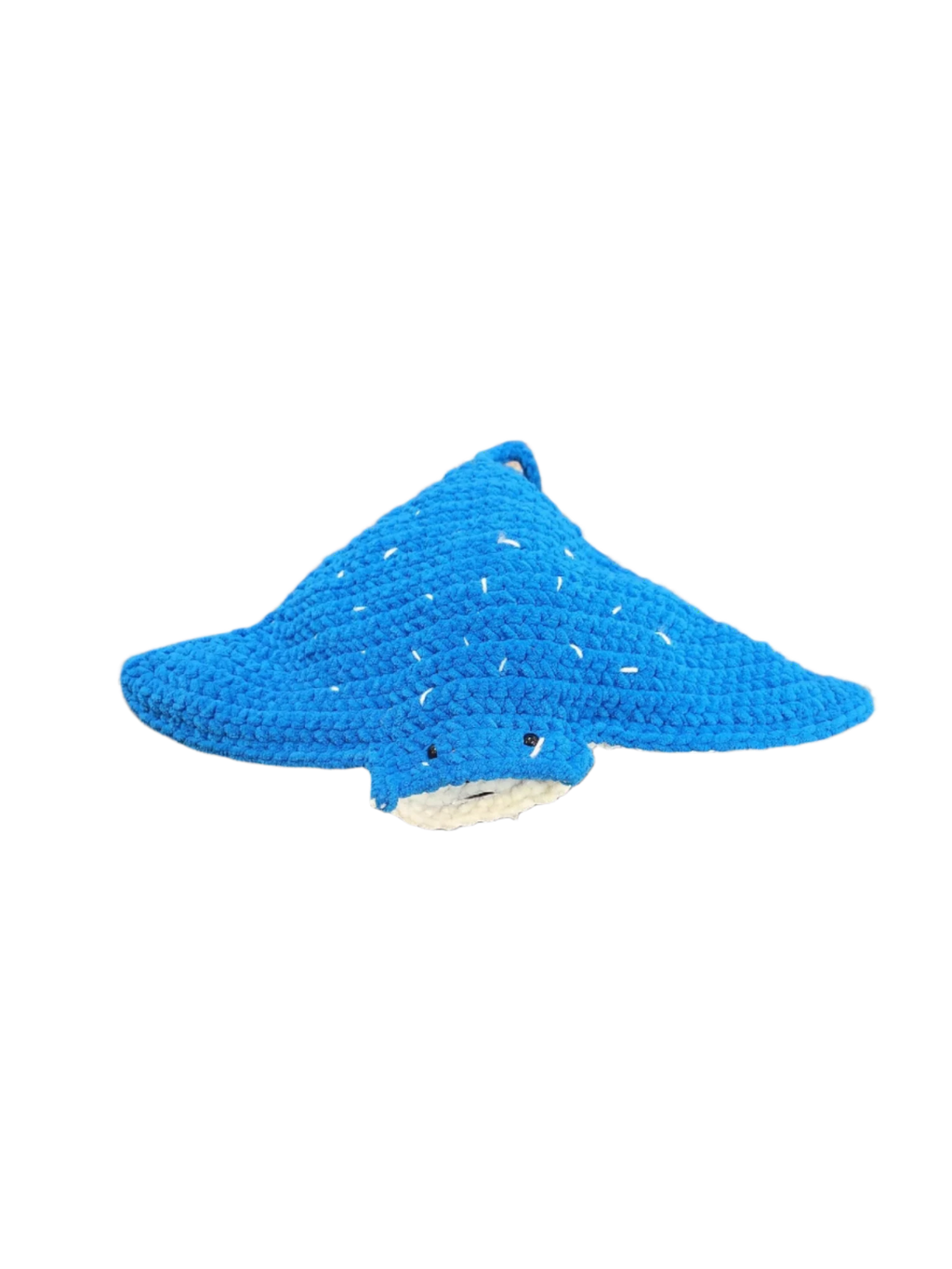 Suzie's Sunshine Dolls blue crocheted manta ray with white speckles and friendly face. Soft yarn toy.