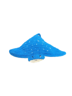 Suzie's Sunshine Dolls blue crocheted manta ray with white speckles and friendly face. Soft yarn toy.