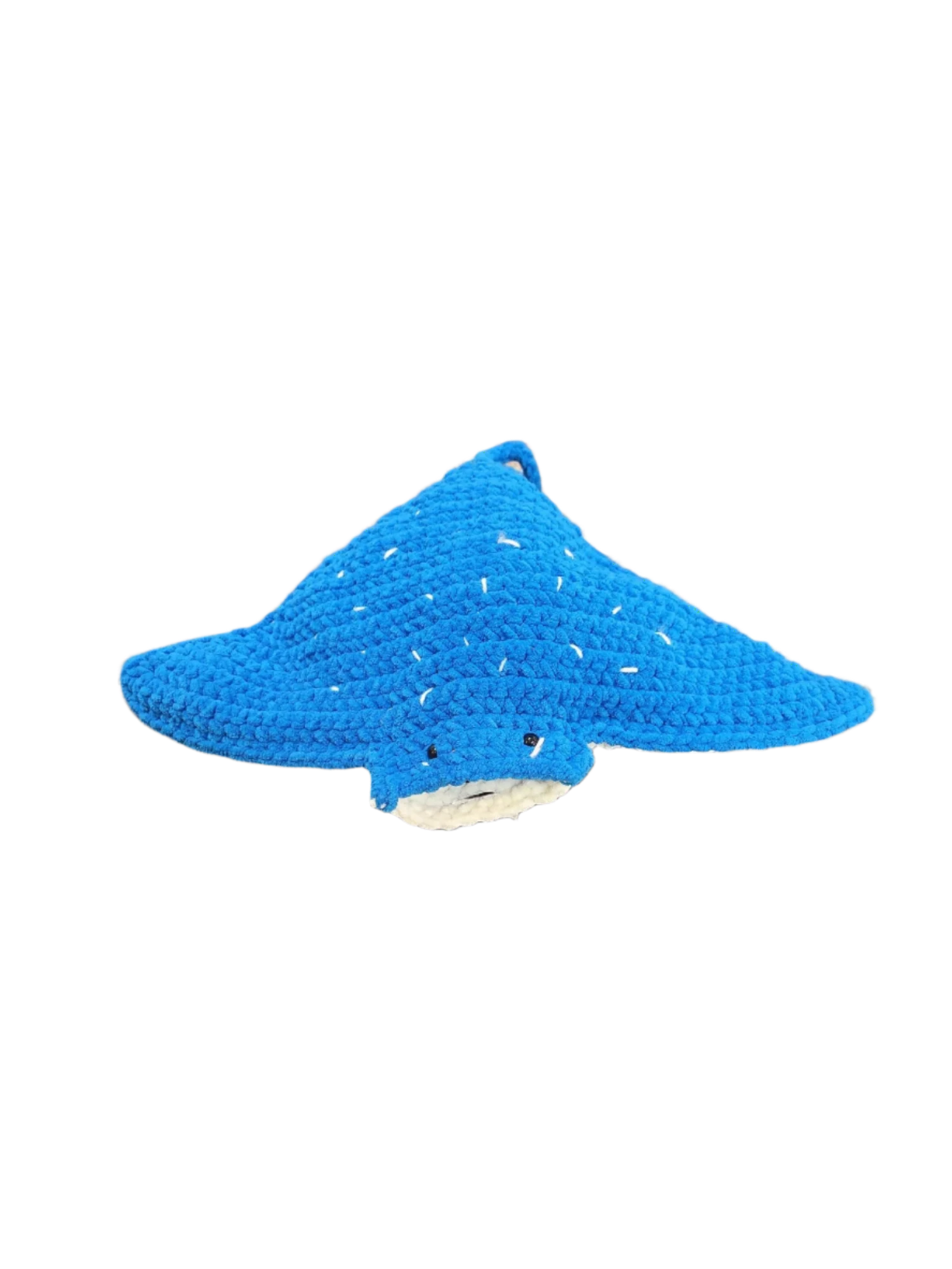 Suzie's Sunshine Dolls blue crocheted manta ray with white speckles and friendly face. Soft yarn toy.
