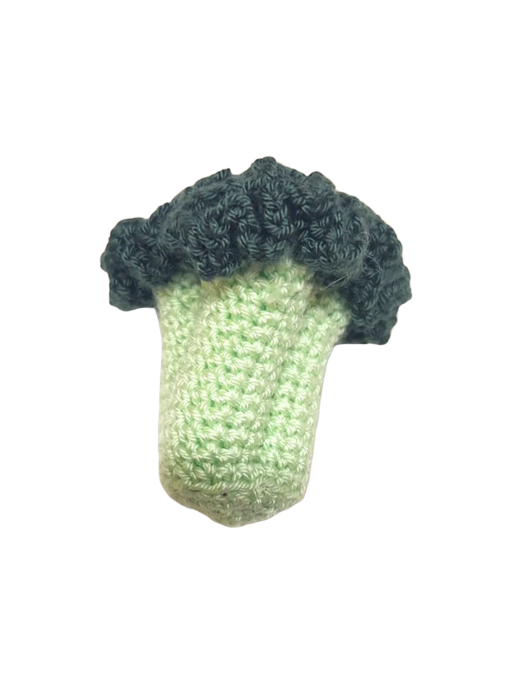 Suzie's Sunshine Dolls hand-crocheted broccoli toy, light green stem and dark green florets, made of cotton yarn.