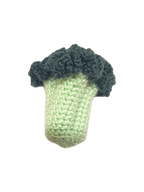 Suzie's Sunshine Dolls hand-crocheted broccoli toy, light green stem and dark green florets, made of cotton yarn.
