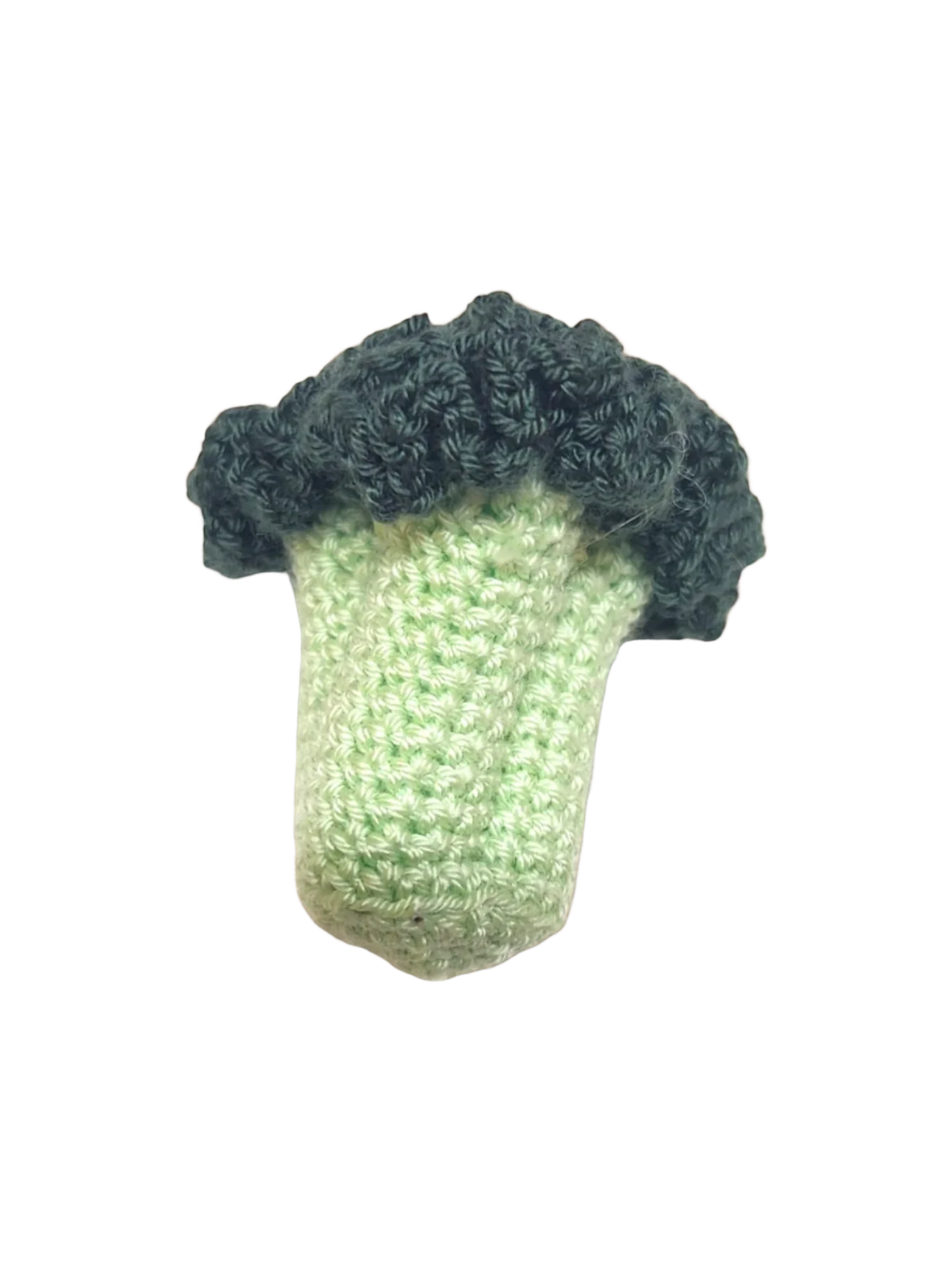 Suzie's Sunshine Dolls hand-crocheted broccoli toy, light green stem and dark green florets, made of cotton yarn.