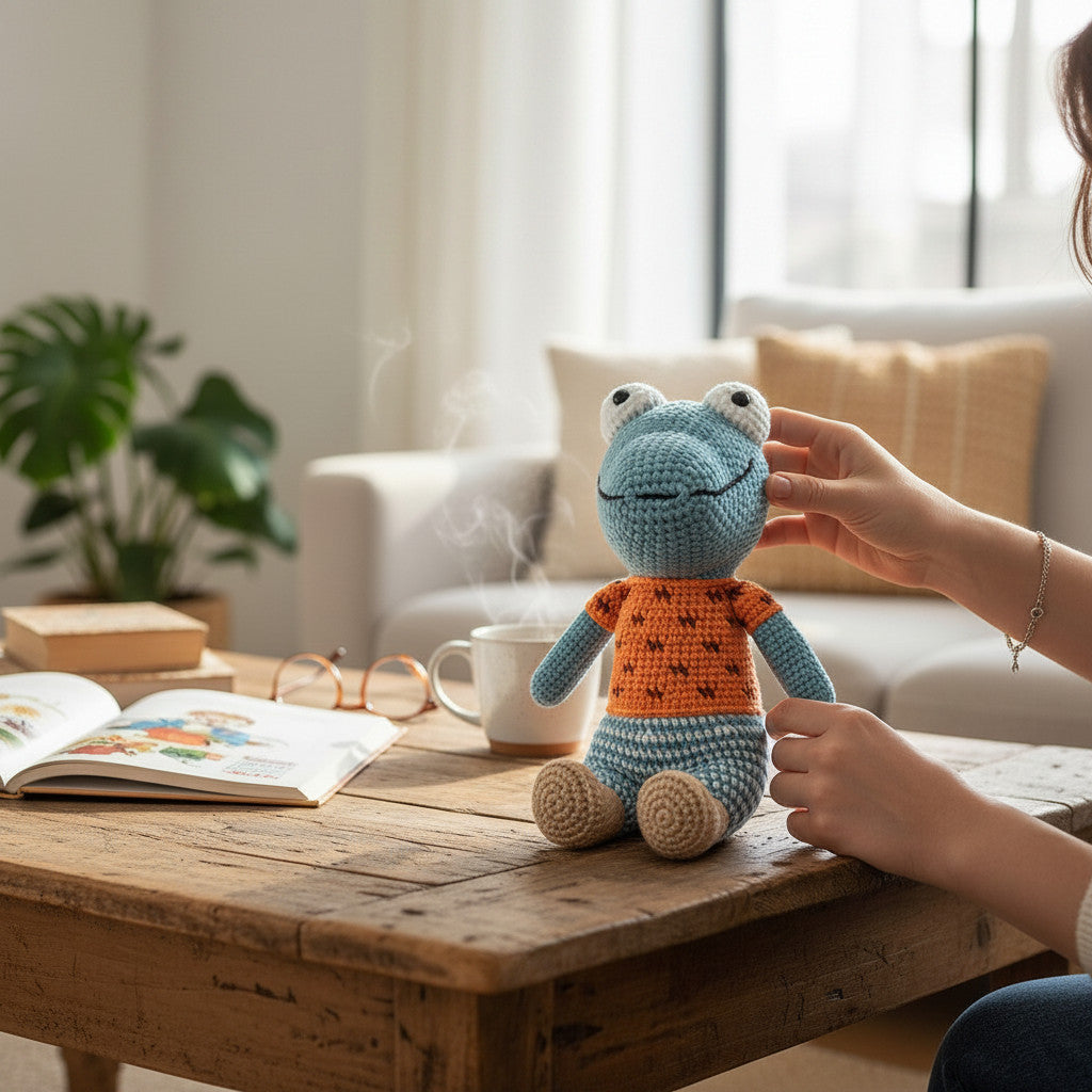 Suzie's Sunshine Dolls Calvin the Croc, a handmade blue crochet crocodile toy with an orange shirt and blue pants, sitting on a wooden table.