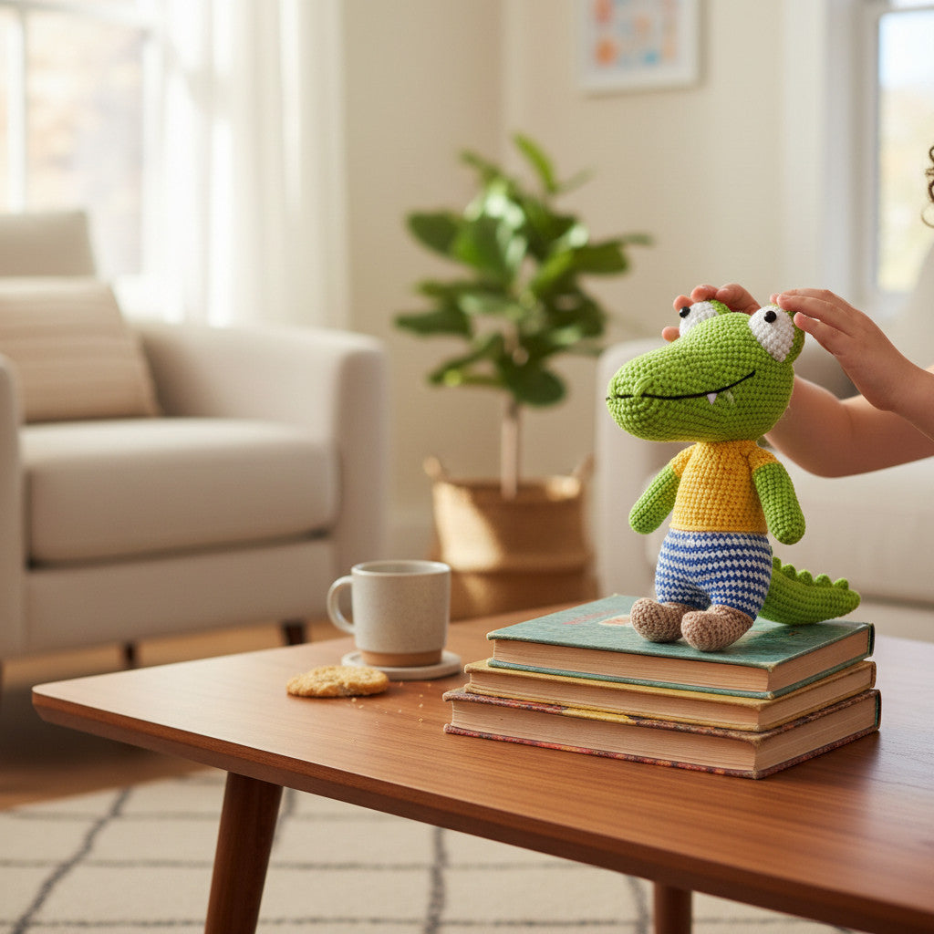 Suzie's Sunshine Dolls Calvin the Croc, a handmade crochet toy with a green body, orange shirt, and blue striped shorts.