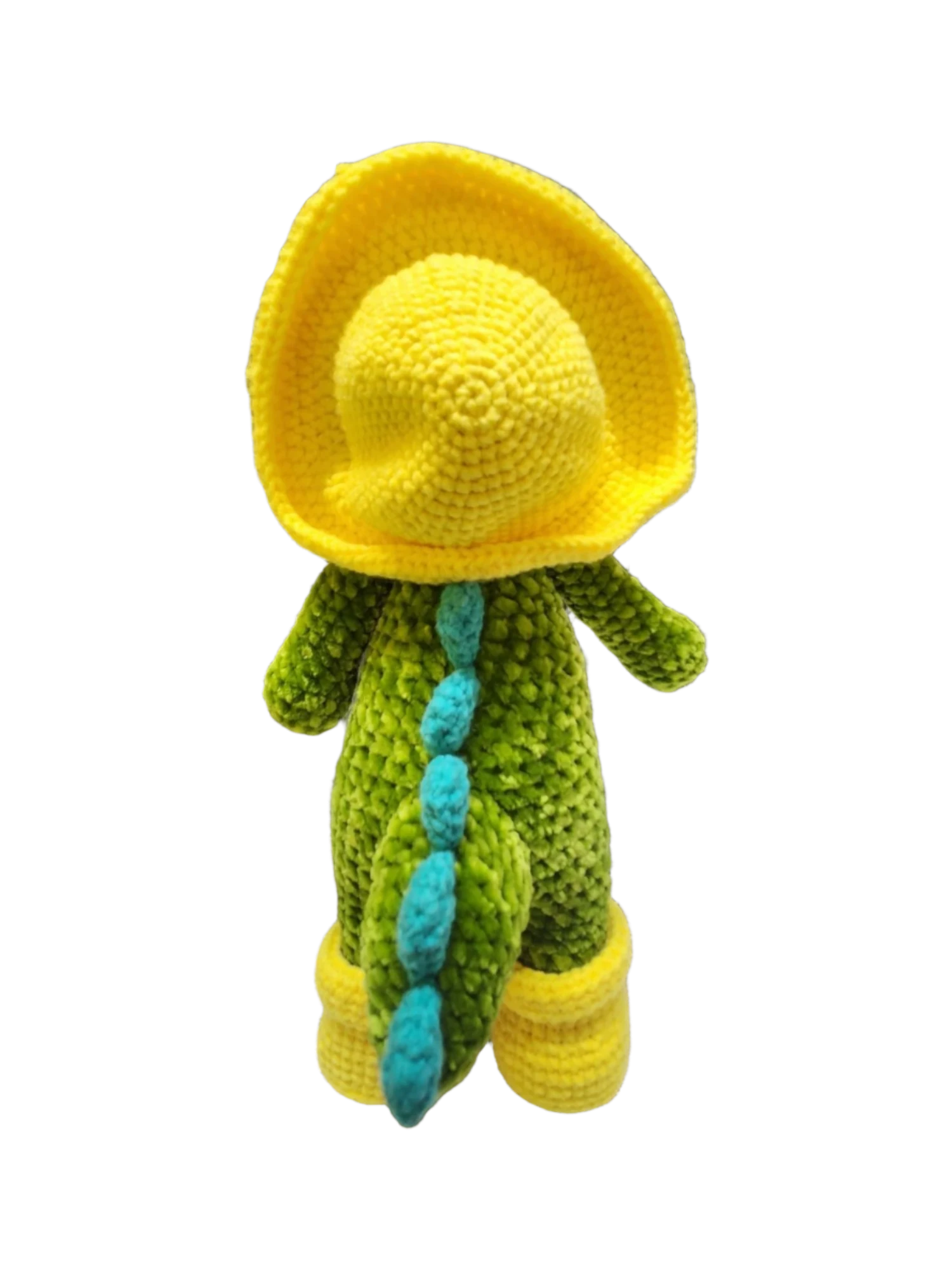 Suzie's Sunshine Dolls Cameron the Croc plush toy wearing a yellow bucket hat and boots, green body with blue accents.