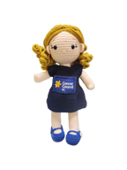Suzie's Sunshine Dolls navy blue crocheted doll with blonde hair, wearing blue shoes and a Cancer Council NT patch.
