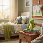 Suzie's Sunshine Dolls Cassius the Croc, a handmade green yarn stuffed toy with cream belly, sitting on books.