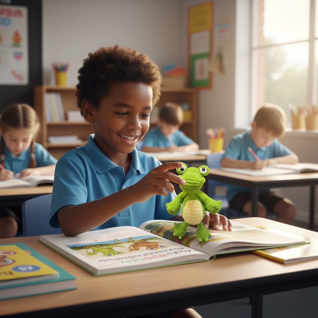 Suzie's Sunshine Dolls Cassius the Croc, a green yarn stuffed toy with cream belly, sitting on an open book in a classroom.