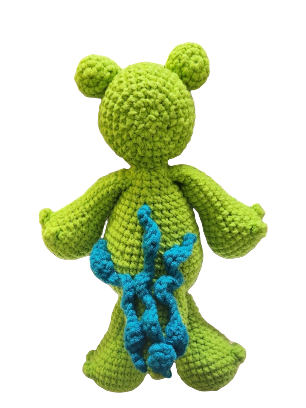 Suzie's Sunshine Dolls Cassius the Croc, a handmade green yarn stuffed toy with blue accents and round ears.