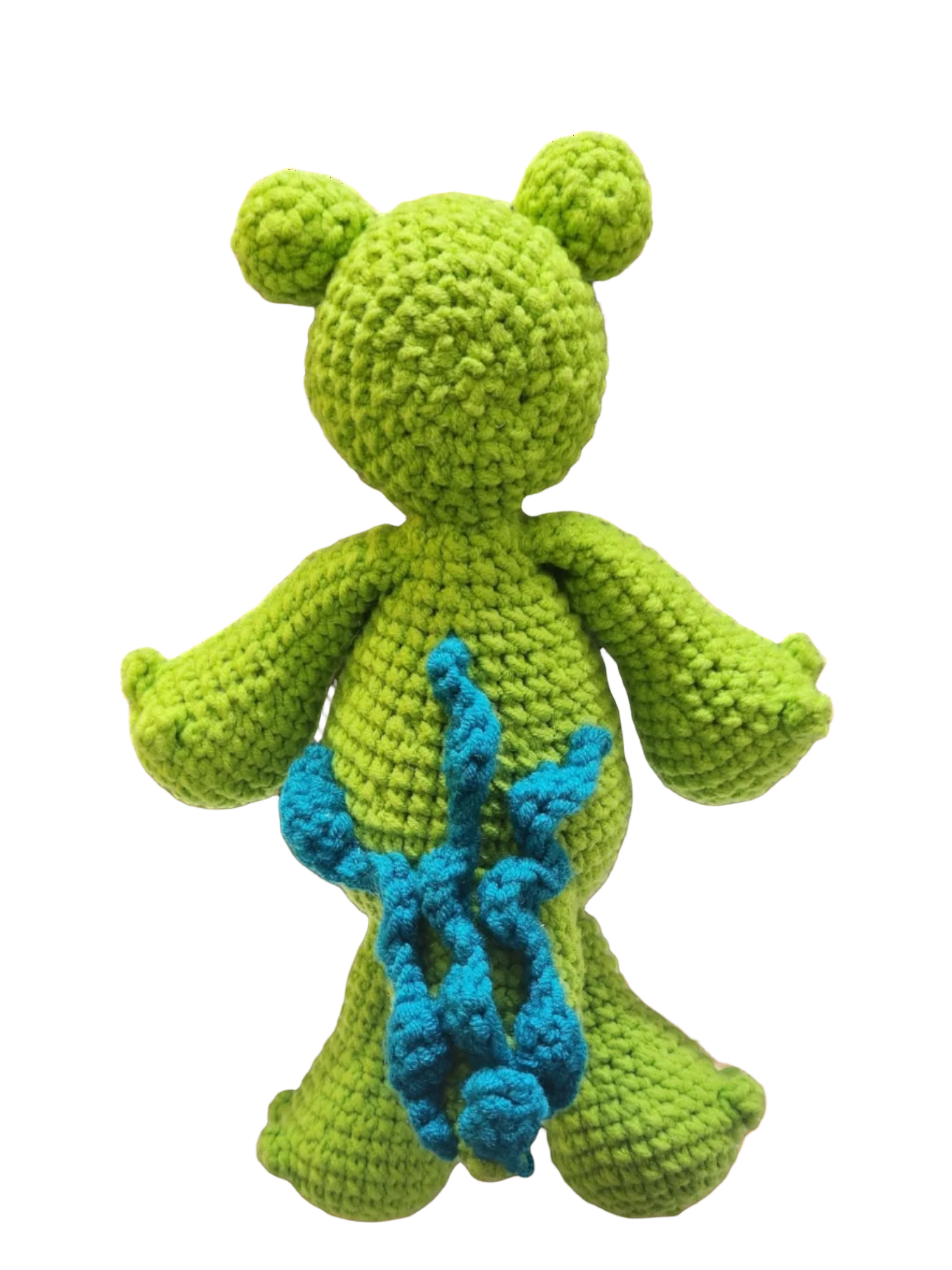 Suzie's Sunshine Dolls Cassius the Croc, a handmade green yarn stuffed toy with blue accents and round ears.