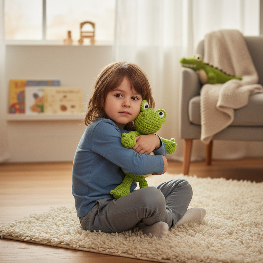 Suzie's Sunshine Dolls Cassius the Croc, a handmade green yarn stuffed toy, held by a child.