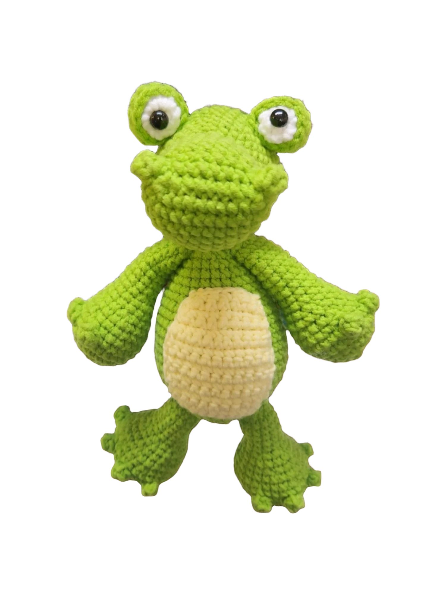 Suzie's Sunshine Dolls Cassius the Croc, a handmade green yarn stuffed toy with a cream belly and big white-rimmed eyes.