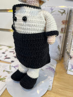 Suzie's Sunshine Dolls handcrafted crochet chef doll in white and black uniform with chef hat. Approx 30cm.