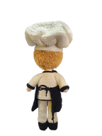 Suzie's Sunshine Dolls Chef doll, handcrafted crochet, white chef hat, cream uniform, black apron, for imaginative play.