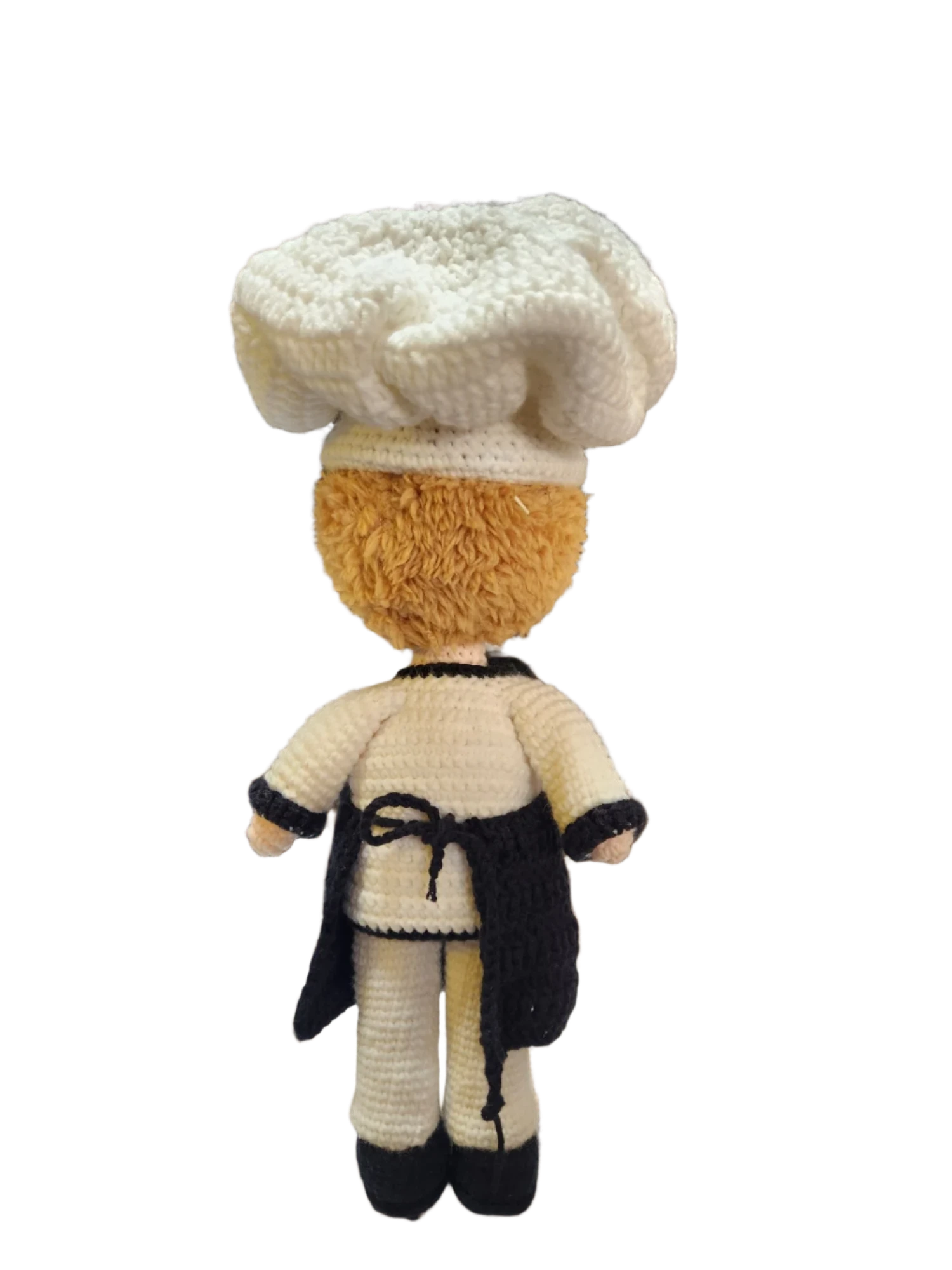 Suzie's Sunshine Dolls Chef doll, handcrafted crochet, white chef hat, cream uniform, black apron, for imaginative play.
