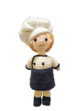 Suzie's Sunshine Dolls handcrafted crochet chef doll in white hat and uniform with black apron, 30cm tall.