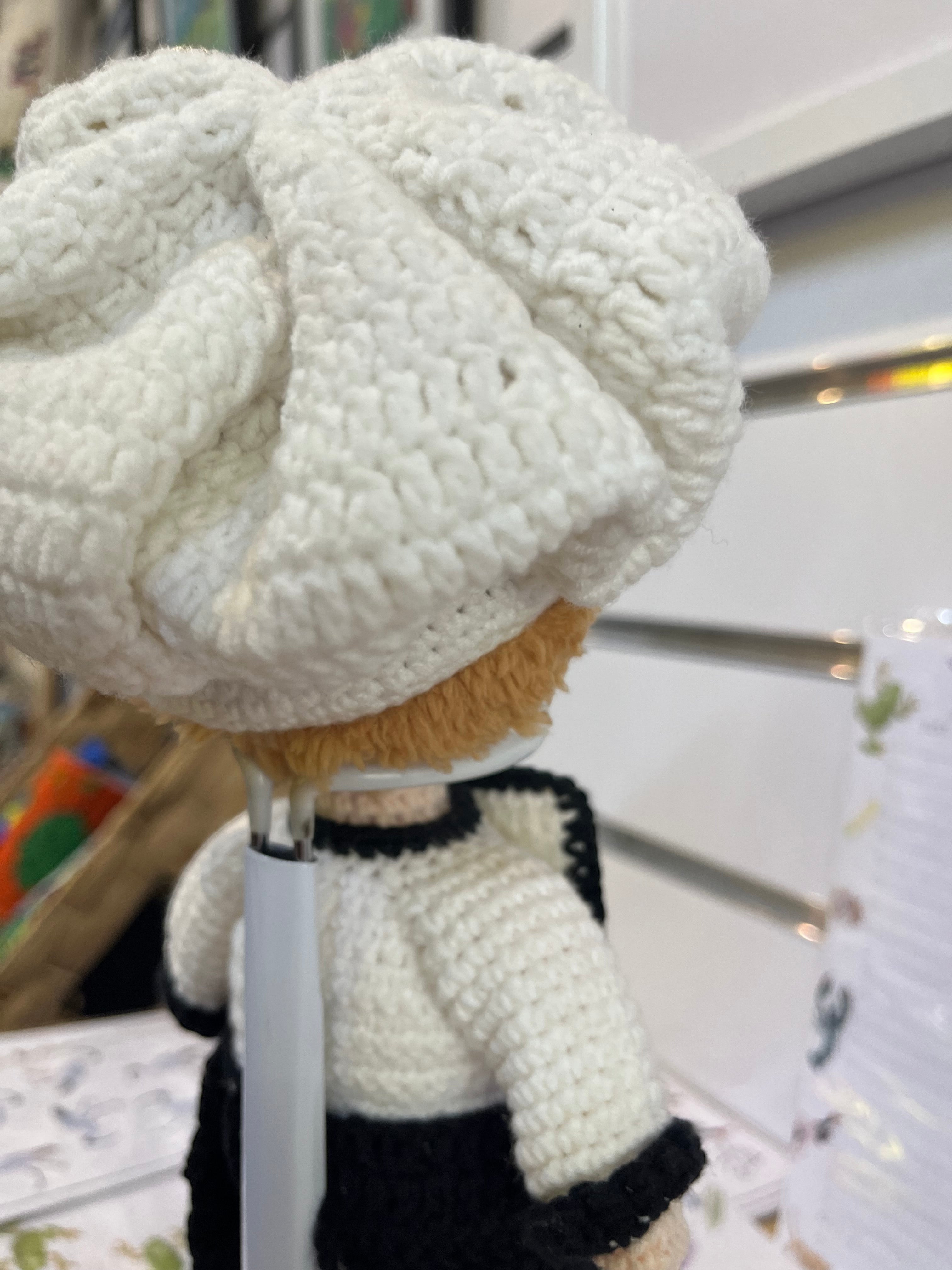 Suzie's Sunshine Dolls white crocheted chef hat and uniform on a doll, handmade in Australia.