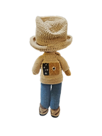 Suzie's Sunshine Dolls handmade crocheted doll in cowboy outfit with hat, jeans, and star badge shirt.
