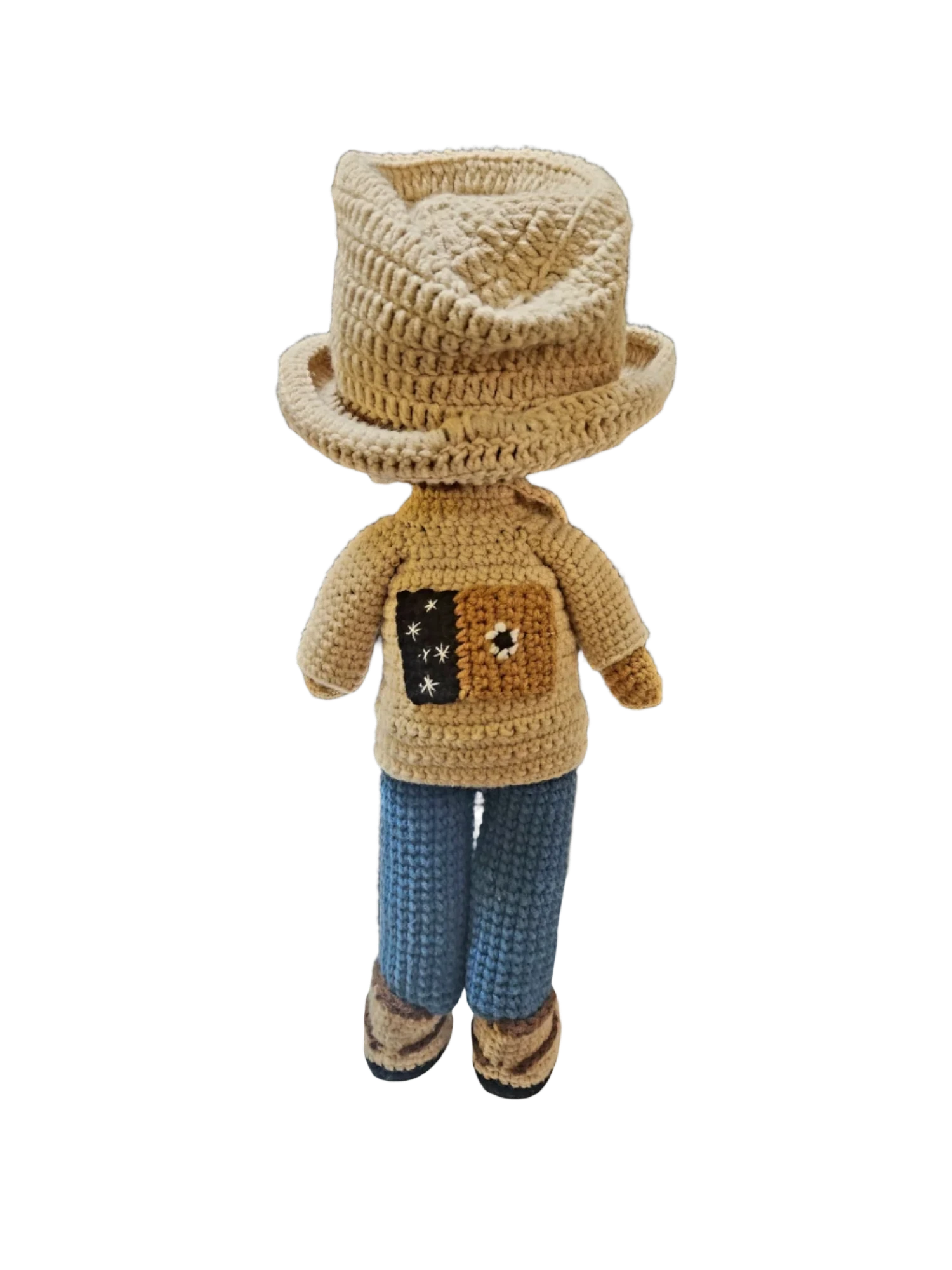 Suzie's Sunshine Dolls handmade crocheted doll in cowboy outfit with hat, jeans, and star badge shirt.